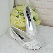 Load image into Gallery viewer, Ivory Satin Bridal Sandals - Flat Wedding Shoes With Floral Embroidery & Lace • UK4/US6.5