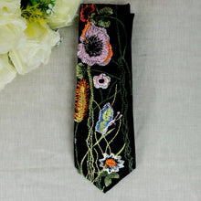 Load image into Gallery viewer, Black Floral Tie. Dark Embroidered Ties For Men. Secret Garden Neckties for Men. Childs or Adult