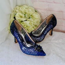 Load image into Gallery viewer, Navy Blue Satin Heels – Pointed Toe Stilettos with Lace and Crystal Embellishments UK4 / US6.5