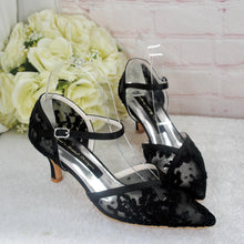 Load image into Gallery viewer, Black Embroidered Lace Kitten Heel Bridal Shoes • UK4 / US6.5