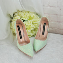 Load image into Gallery viewer, Sage Green Shimmer Heels: Cherry Blossom Bridal Shoes UK6/US8.5