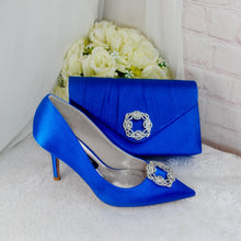 Load image into Gallery viewer, Royal Blue Satin Heels, Clutch Bag and Fascinator Hat Matching Bridal Set, Hatinator Purse Shoes for Wedding Guest Mother of the Bride Groom