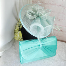 Load image into Gallery viewer, Mint Green Wedding Fascinator Hat & Clutch Bag Set: Handmade Bridal Accessories