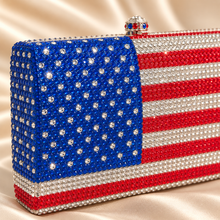 Load image into Gallery viewer, American Flag Crystal Clutch Bag – Red, White & Blue USA Evening Purse