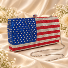 Load image into Gallery viewer, American Flag Crystal Clutch Bag – Red, White & Blue USA Evening Purse