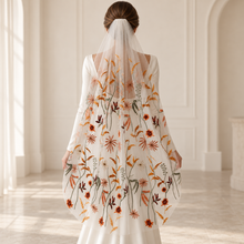 Load image into Gallery viewer, Autumn Flower Embroidered Wedding Veil – White or Brown Tulle