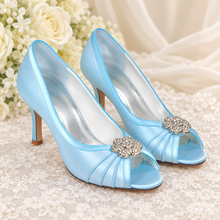 Load image into Gallery viewer, Something Blue Satin Bridal Shoes | Crystal Flower Peep-Toe Court Heels | 8cm