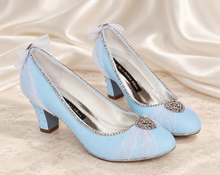 Load image into Gallery viewer, Cinderella Inspired Bridal Shoes | Something Blue Satin Block Heels