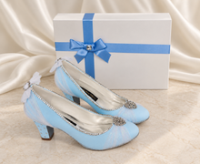 Load image into Gallery viewer, Cinderella Inspired Bridal Shoes | Something Blue Satin Block Heels