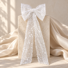 Load image into Gallery viewer, Sparkling Pearl Bridal Hair Bow – Long White Wedding Bow