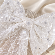 Load image into Gallery viewer, Sparkling Pearl Bridal Hair Bow – Long White Wedding Bow