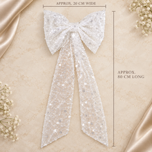 Load image into Gallery viewer, Sparkling Pearl Bridal Hair Bow – Long White Wedding Bow