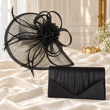 Load image into Gallery viewer, Black Fascinator and Satin Clutch Bag Se: Purse & Sinamay Hatinator