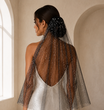 Load image into Gallery viewer, Black Celestial Wedding Veil | Glitter Silver Stars | Handmade Bridal Veil UK