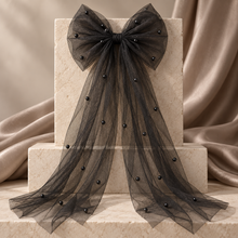 Load image into Gallery viewer, Pearl Tulle Hair Bow with Long Tails – Bridal Bow in White, Ivory, Black or Rainbow Pearls