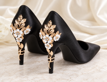 Load image into Gallery viewer, Black Satin Heels: Black Satin Cherry Blossom Heels | 8, 10 or 12 cm