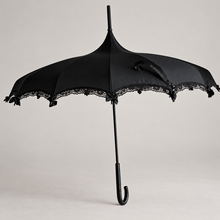 Load image into Gallery viewer, Black Pagoda Umbrella with Lace & Satin Bows – Wedding & Occasion Umbrella