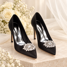 Load image into Gallery viewer, Crystal Pointed-Toe Satin Court Shoes – Black, Ivory, Emerald Green or Royal Blue