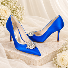 Load image into Gallery viewer, Crystal Pointed-Toe Satin Court Shoes – Black, Ivory, Emerald Green or Royal Blue