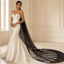 Load image into Gallery viewer, Black 3D Floral Cathedral Wedding Veil – 300cm Gothic Bridal Veil with Comb