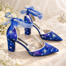 Load image into Gallery viewer, Blue Celestial Wedding Shoes – Galaxy Block Heels with Ankle Ribbons