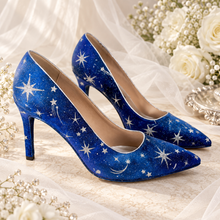 Load image into Gallery viewer, Blue Celestial Wedding Shoes – Hand-Painted Galaxy Bridal Heels