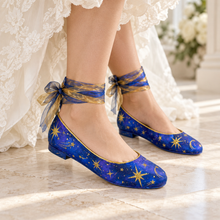 Load image into Gallery viewer, Blue Galaxy Wedding Flats – Hand-Painted Gold Celestial Shoes