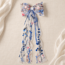 Load image into Gallery viewer, Blue Meadow Embroidered Tulle Bridal Hair Bow – Alternative Wedding Veil
