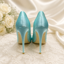 Load image into Gallery viewer, Light Blue Satin Pointed Toe Stiletto Court Shoes | 8cm, 10cm, 12cm Heel | Large Sizes
