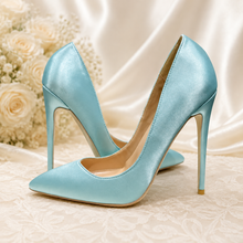 Load image into Gallery viewer, Light Blue Satin Pointed Toe Stiletto Court Shoes | 8cm, 10cm, 12cm Heel | Large Sizes