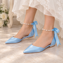 Load image into Gallery viewer, Pointed Satin Bridal Flats with Pearl Ankle Straps – Other Colours