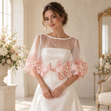 Load image into Gallery viewer, Pink Floral Embroidered Bridal Cape – Sheer Tulle Wedding Dress Cover Up