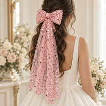 Load image into Gallery viewer, Sparkling Sequin & Pearl Hair Bow | Long Beaded Bridal Bow