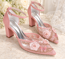 Load image into Gallery viewer, Blush Pink Butterfly Bridal Shoes | Rose Gold Embroidered Block Heels