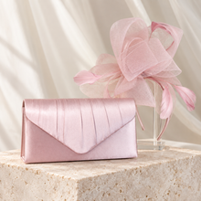 Load image into Gallery viewer, Blush Pink Fascinator & Satin Clutch Bag Set – Handmade Wedding Guest Accessories
