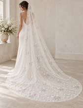 Load image into Gallery viewer, Blush Pink Floral Embroidered Wedding Veil with Swiss Dot Detail – 100–300cm