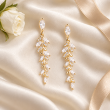 Load image into Gallery viewer, Gold Crystal Leaf Drop Earrings – Long Botanical Bridal Earrings