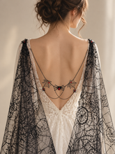 Load image into Gallery viewer, Black Spiderweb Bridal Cape with Lace Trim & Spider Chain Detail – 150–300cm