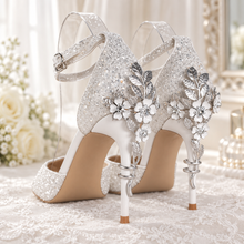 Load image into Gallery viewer, White Glitter Wedding Sandals with Silver Cherry Blossom Heels