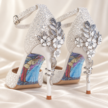 Load image into Gallery viewer, White Glitter Wedding Sandals with Silver Cherry Blossom Heels