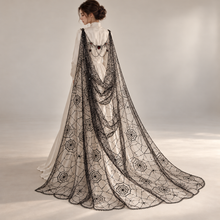 Load image into Gallery viewer, Black Spiderweb Bridal Cape with Lace Trim & Spider Chain Detail – 150–300cm