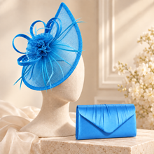 Load image into Gallery viewer, Bright Blue Fascinator and Satin Clutch Bag Set | Wedding Guest Accessories