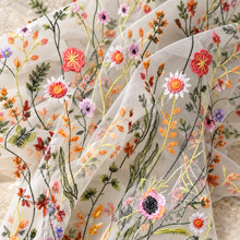 Load image into Gallery viewer, Bright Meadow Flower Embroidered Tulle Fabric – White – By the Yard