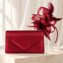 Load image into Gallery viewer, Burgundy Fascinator & Satin Clutch Bag Set – Handmade Wedding Guest Accessories