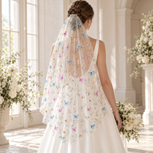 Load image into Gallery viewer, Embroidered Butterfly Wedding Veil – 3D Silk Butterflies & Leaves