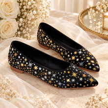 Load image into Gallery viewer, Black Celestial Bridal Flats – Hand-Painted Pointed Wedding Shoes