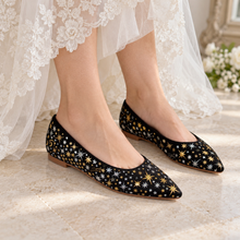 Load image into Gallery viewer, Black Celestial Bridal Flats – Hand-Painted Pointed Wedding Shoes