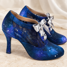 Load image into Gallery viewer, Hand-Painted Celestial Wedding Shoes – Blue Galaxy Lace-Up Heels