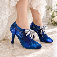 Load image into Gallery viewer, Hand-Painted Celestial Wedding Shoes – Blue Galaxy Lace-Up Heels