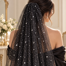 Load image into Gallery viewer, Black Celestial Wedding Veil | Glitter Silver Stars | Handmade Bridal Veil UK